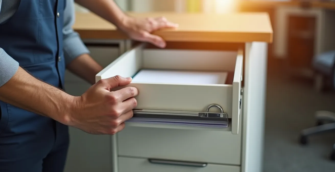 Employé utilisant efficacement son caisson de rangement adapté