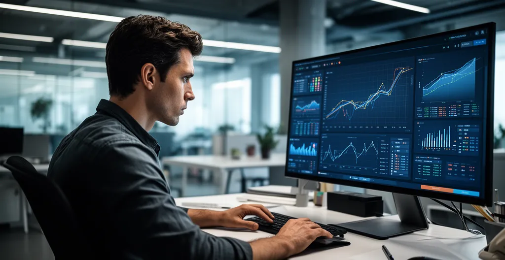 Collaborateur concentré sur son poste de travail avec écran affichant des graphiques, collègue observant en arrière-plan