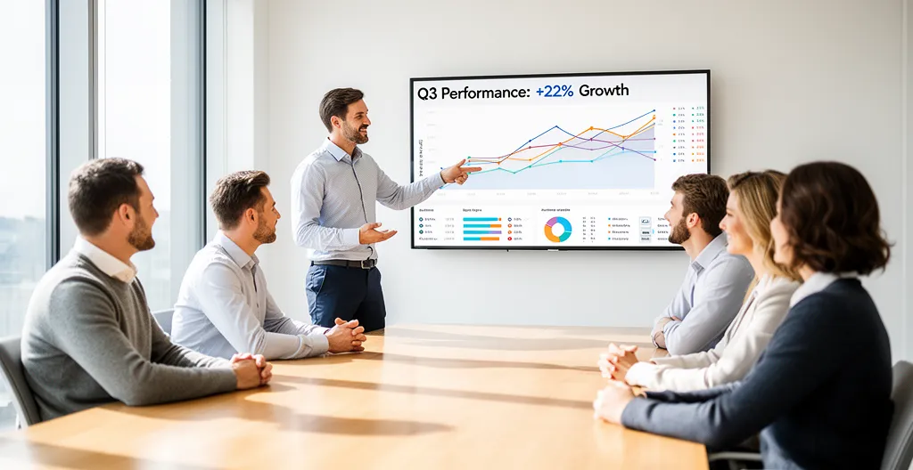 Petit groupe assis autour d'une table de réunion, manager présentant des résultats sur écran, expressions satisfaites
