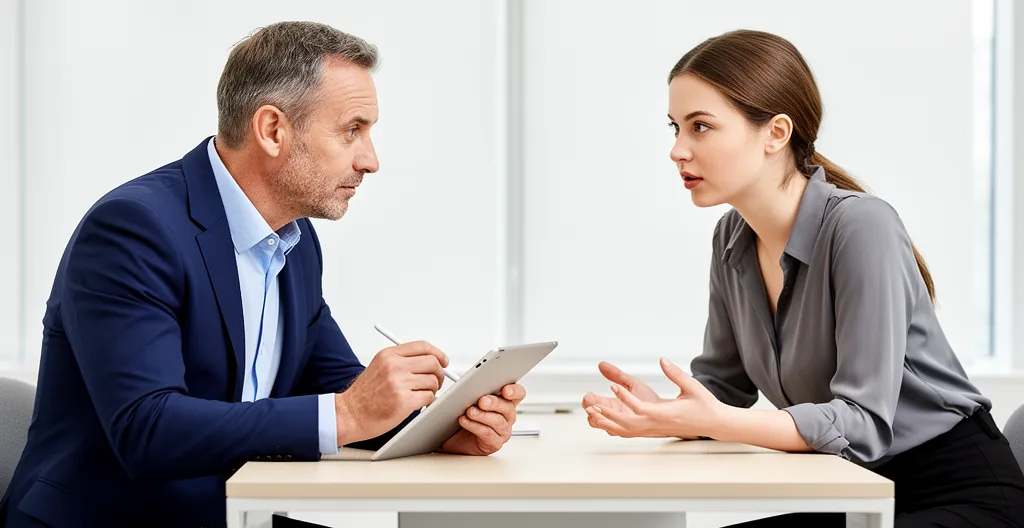 Dirigeant de PME en discussion avec un collaborateur, prenant des notes sur tablette dans un espace de travail lumineux Dirigeant de PME en discussion avec un collaborateur, prenant des notes sur tablette dans un espace de travail lumineux