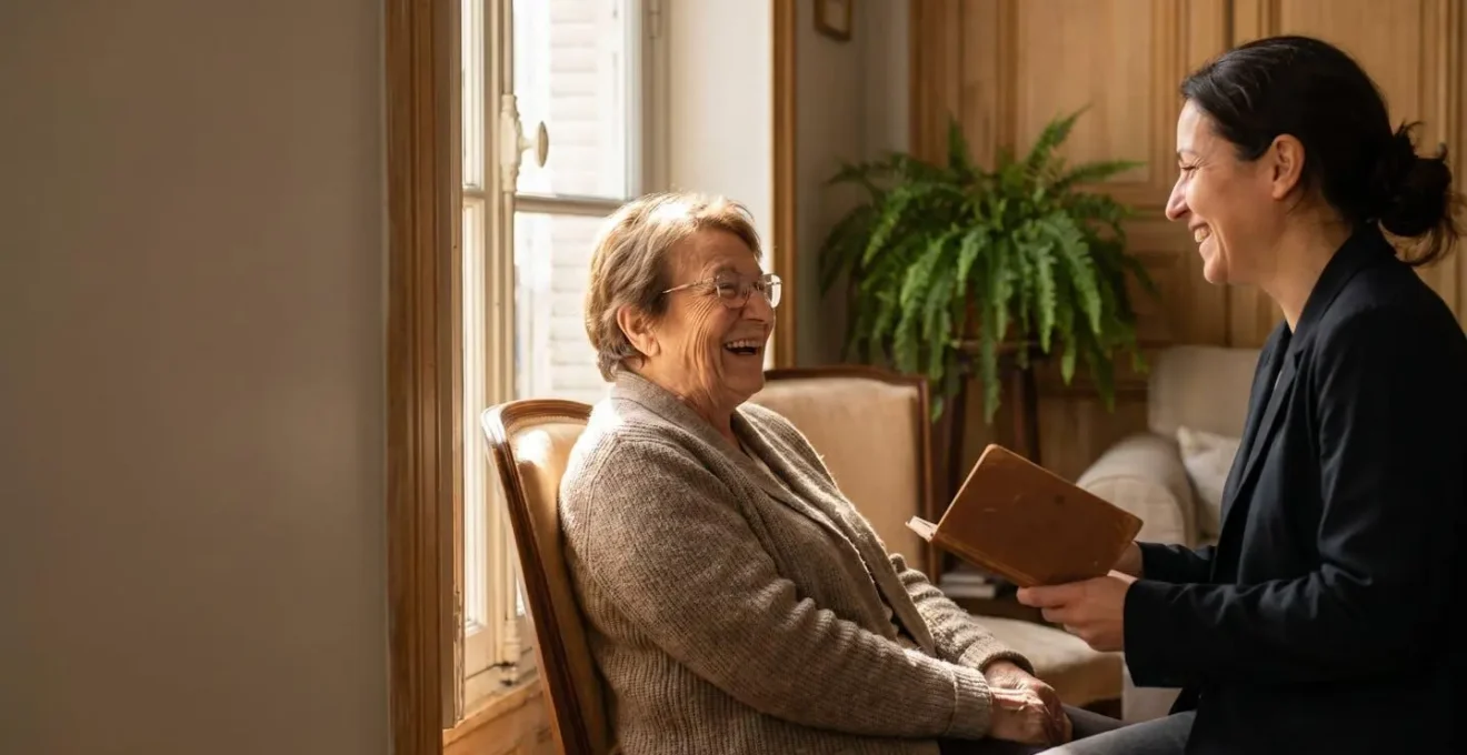 Senior français souriant dans son salon, symbole d'un service d'accompagnement à domicile par abonnement