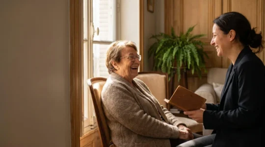 Senior français souriant dans son salon, symbole d'un service d'accompagnement à domicile par abonnement