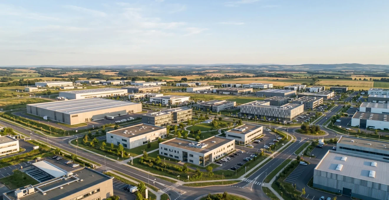 Vue aérienne d'une zone d'activité économique moderne en France avec bâtiments industriels et espaces verts
