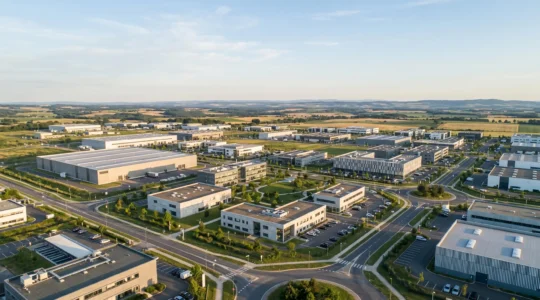 Vue aérienne d'une zone d'activité économique moderne en France avec bâtiments industriels et espaces verts