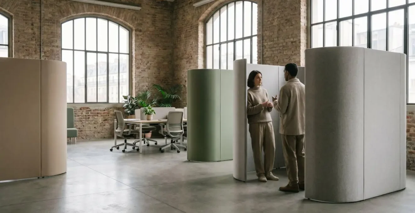 Open space français réaménagé en zones de travail distinctes grâce à des panneaux modulables