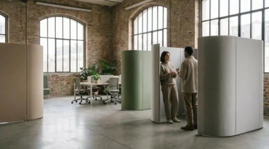 Open space français réaménagé en zones de travail distinctes grâce à des panneaux modulables
