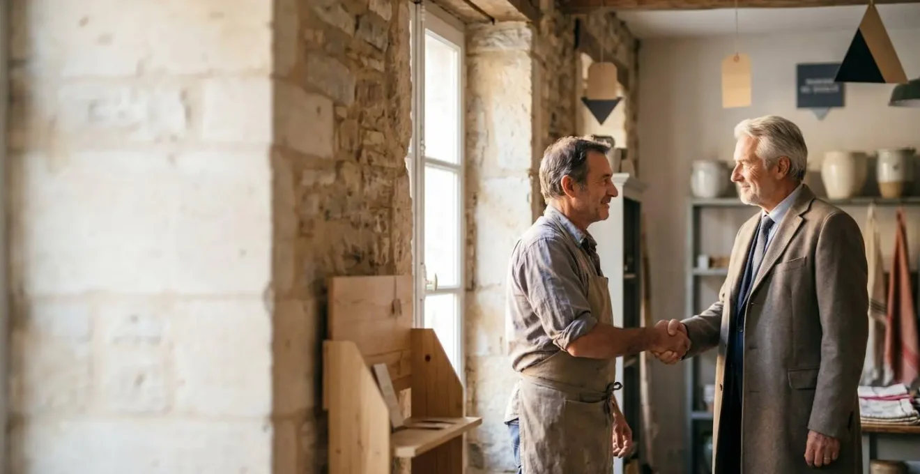 Entrepreneur français serrant la main d'un conseiller dans un local commercial lumineux, symbole de confiance et de financement sans garantie