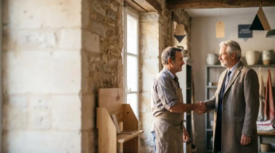 Entrepreneur français serrant la main d'un conseiller dans un local commercial lumineux, symbole de confiance et de financement sans garantie