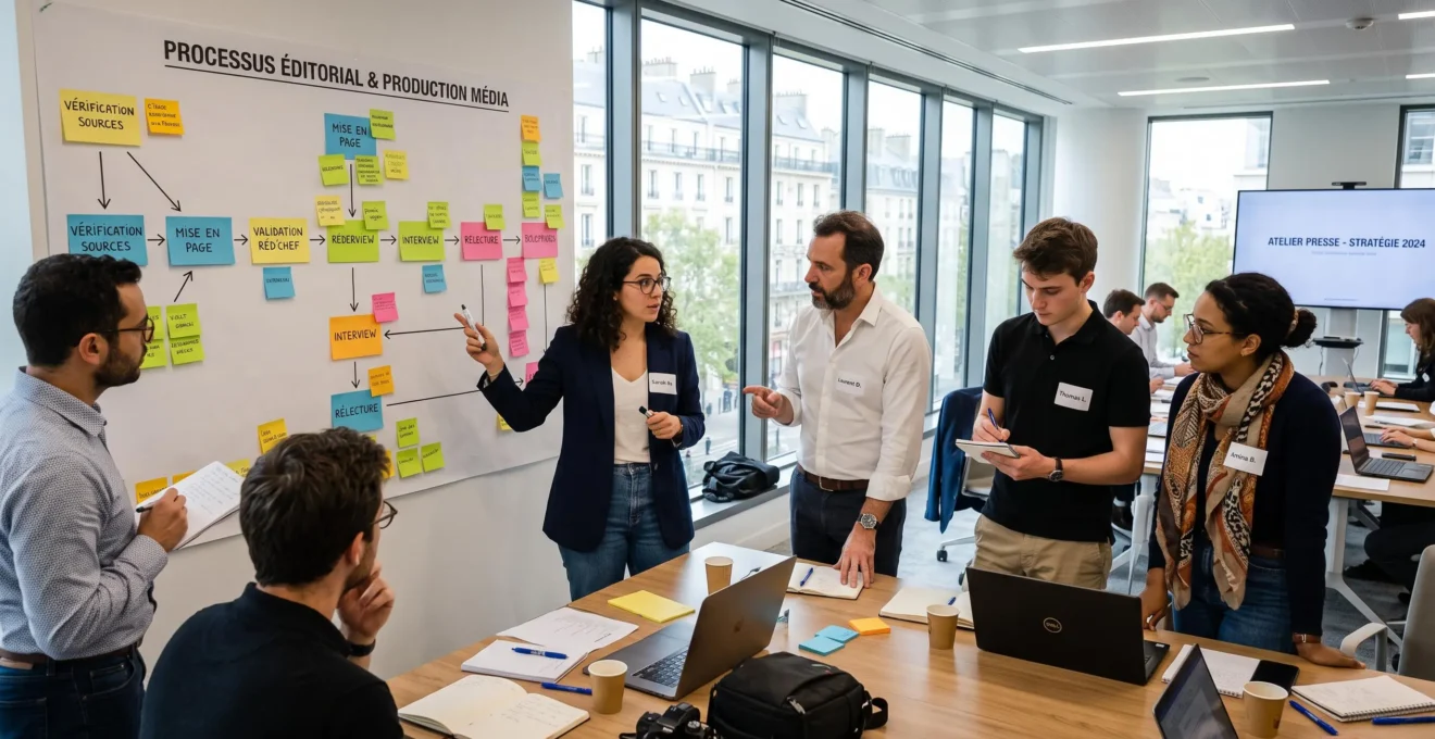 Un atelier collaboratif où des rédacteurs et des chefs de rubrique cartographient un processus sur un mur avec des post-it et un écran projeté