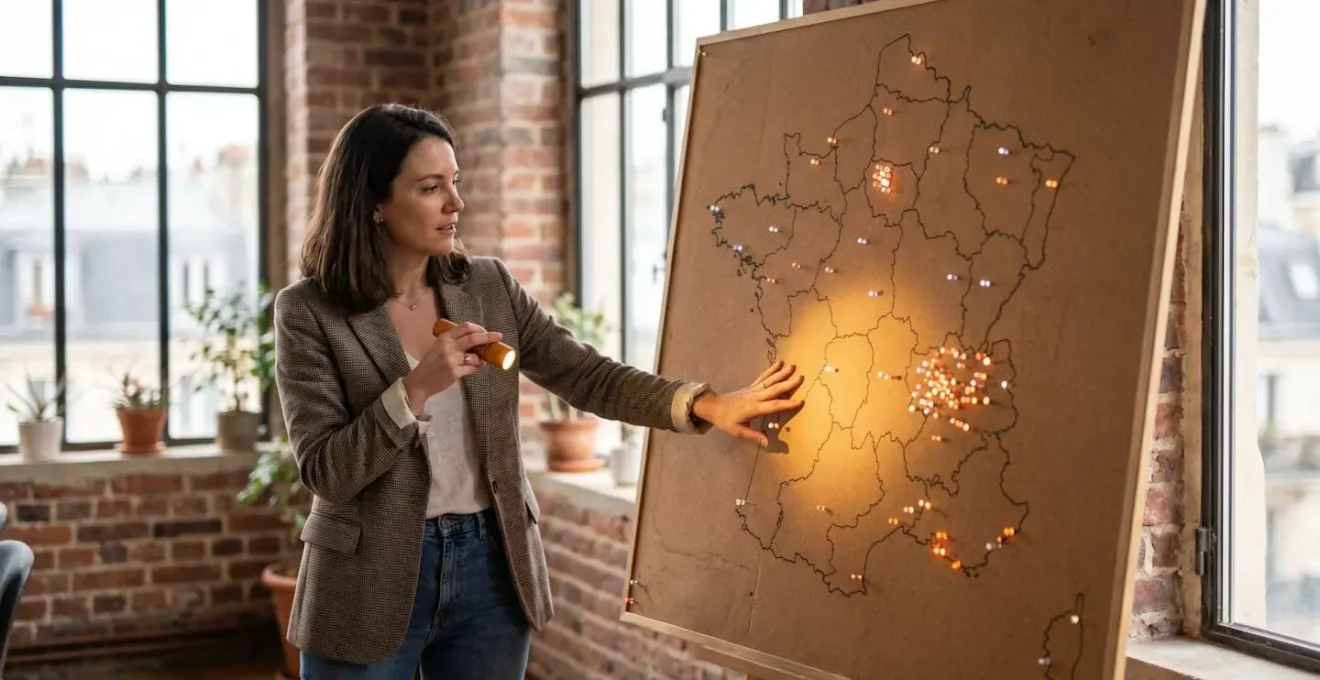 Entrepreneur francais analysant de maniere symbolique un reseau de prospects cibles a l'aide d'un faisceau lumineux sur une carte, illustrant une strategie publicitaire a petit budget