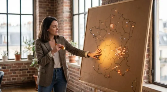 Entrepreneur francais analysant de maniere symbolique un reseau de prospects cibles a l'aide d'un faisceau lumineux sur une carte, illustrant une strategie publicitaire a petit budget