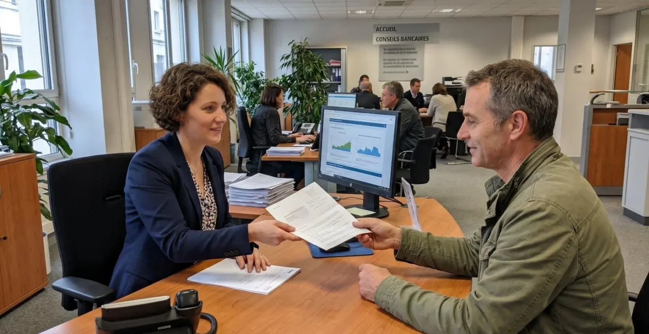 Banquier remettant une attestation de dépôt de capital dans une agence française