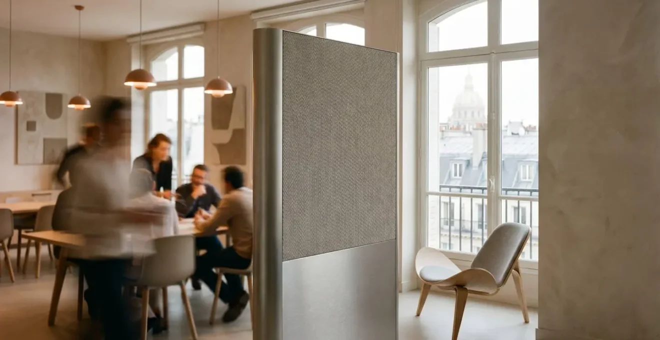 Cloison murale moderne séparant un espace de travail bruyant d'un bureau calme et lumineux dans une entreprise française