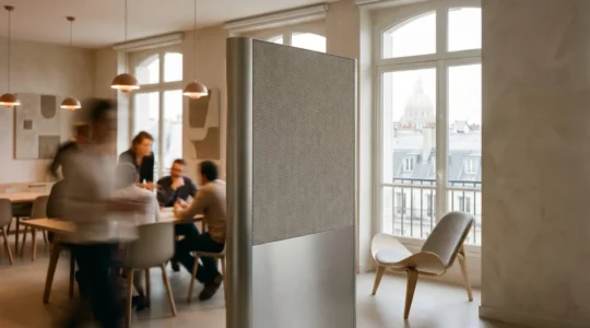 Cloison murale moderne séparant un espace de travail bruyant d'un bureau calme et lumineux dans une entreprise française