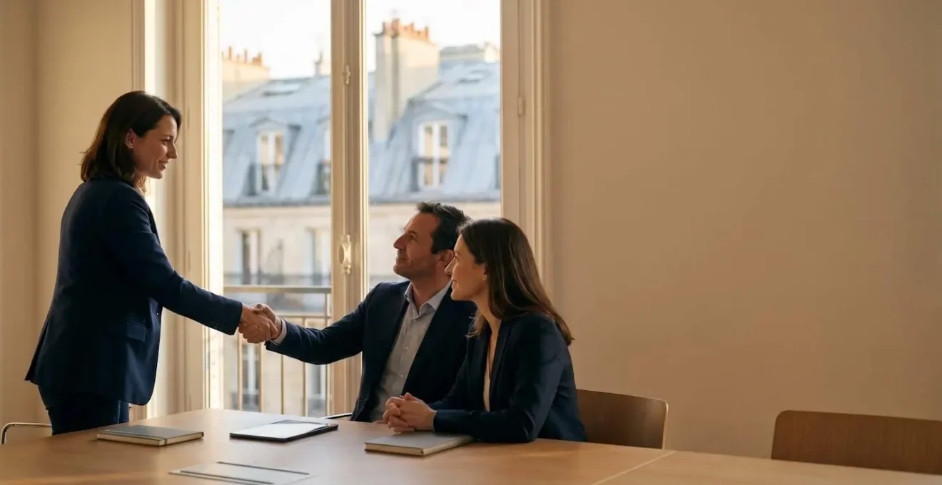 Fondateur serrant la main d'investisseurs institutionnels dans une salle de réunion parisienne moderne avec vue sur des toits haussmanniens