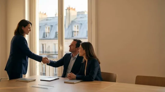 Fondateur serrant la main d'investisseurs institutionnels dans une salle de réunion parisienne moderne avec vue sur des toits haussmanniens