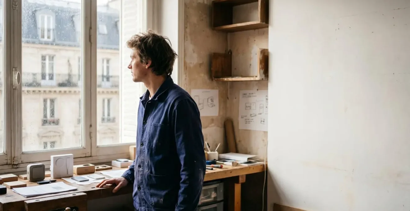 Entrepreneur francais preparant le lancement de sa campagne de financement participatif dans un atelier lumineux
