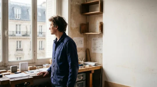 Entrepreneur francais preparant le lancement de sa campagne de financement participatif dans un atelier lumineux