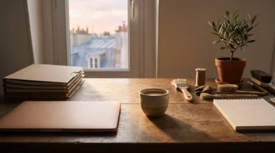 Professionnel français organisant son bureau entre deux espaces de travail distincts symbolisant le cumul de deux activités