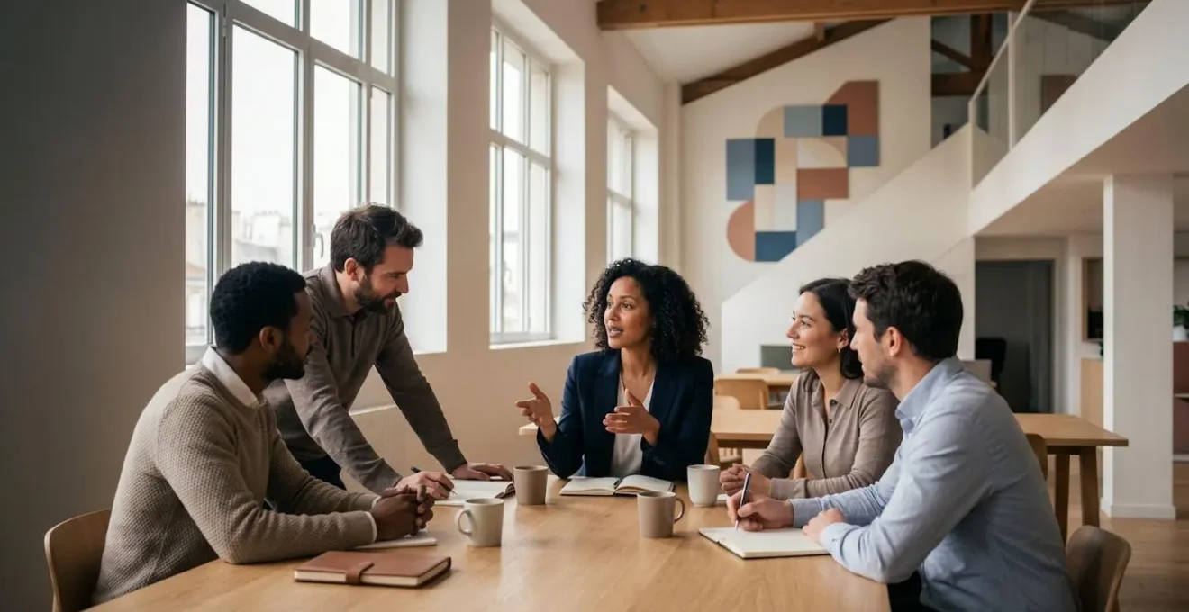 Scène de transformation commerciale montrant le passage d'une équipe stagnante à une équipe performante en environnement de bureau français