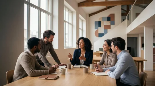 Scène de transformation commerciale montrant le passage d'une équipe stagnante à une équipe performante en environnement de bureau français