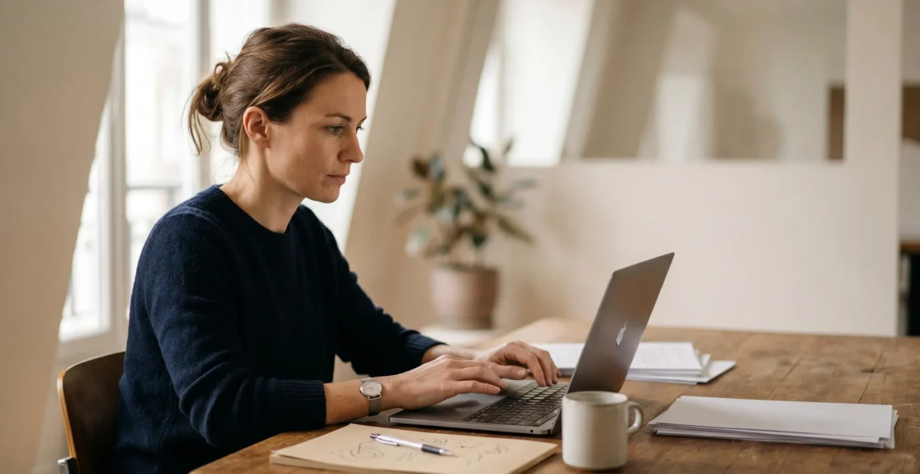 Créateur d'entreprise concentré dans un espace professionnel moderne préparant les documents pour une déclaration en ligne réussie en France