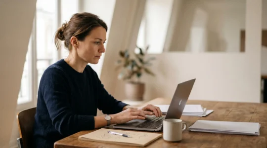 Créateur d'entreprise concentré dans un espace professionnel moderne préparant les documents pour une déclaration en ligne réussie en France