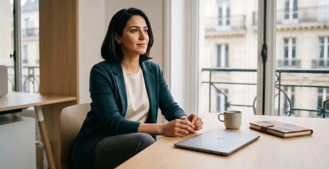 Professionnel indépendant préparant son lancement d'activité avec confiance et détermination dans un espace de travail épuré