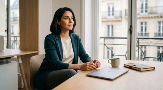 Professionnel indépendant préparant son lancement d'activité avec confiance et détermination dans un espace de travail épuré