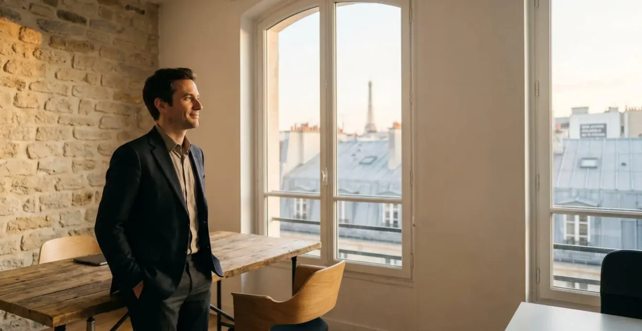 Un entrepreneur ou une entrepreneuse française se tenant avec assurance face à un vaste espace de travail lumineux, symbolisant l'ascension vers le statut d'expert reconnu