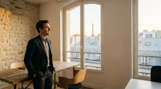 Un entrepreneur ou une entrepreneuse française se tenant avec assurance face à un vaste espace de travail lumineux, symbolisant l'ascension vers le statut d'expert reconnu