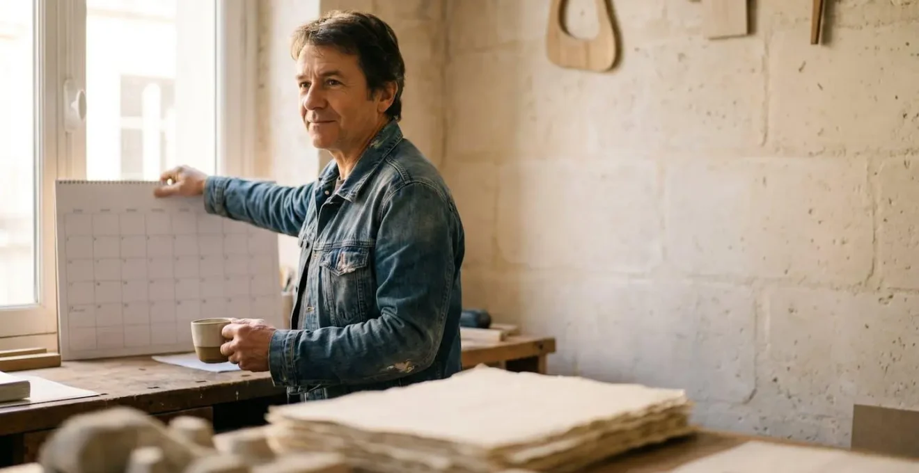 Dirigeant d'une petite entreprise française consultant son planning de tresorerie dans un atelier lumineux, entoure de factures floues et non lisibles