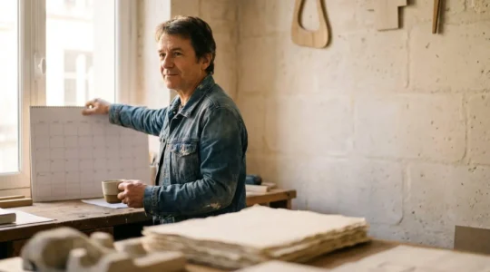 Dirigeant d'une petite entreprise française consultant son planning de tresorerie dans un atelier lumineux, entoure de factures floues et non lisibles