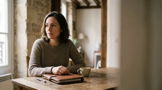 Entrepreneur français signant un contrat de prêt personnel à la table de la cuisine familiale, symbolisant l'équilibre entre ambition professionnelle et sécurité du foyer
