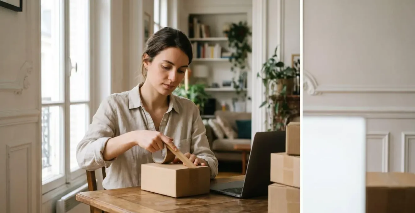 Jeune entrepreneur français emballant ses premières commandes dans un atelier lumineux à domicile