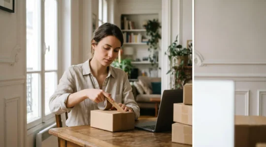 Jeune entrepreneur français emballant ses premières commandes dans un atelier lumineux à domicile