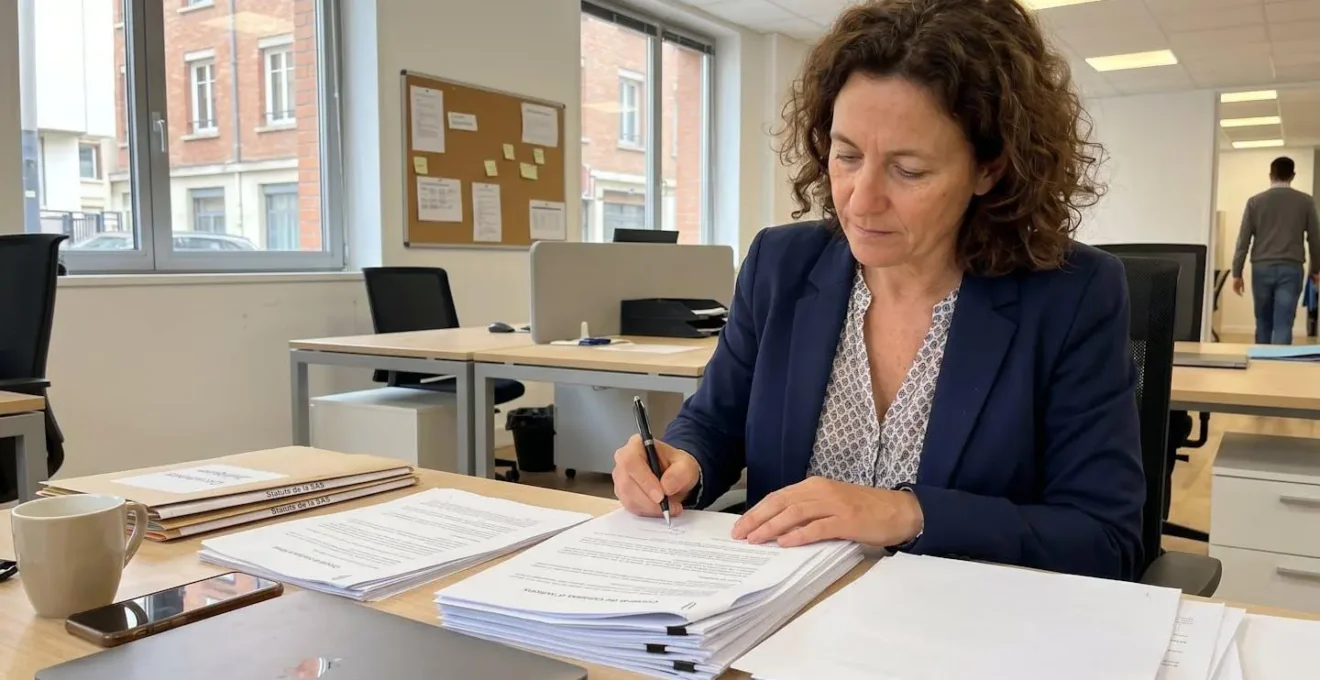 Entrepreneur signant les statuts dans un bureau professionnel moderne en France