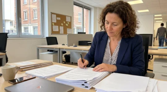 Entrepreneur signant les statuts dans un bureau professionnel moderne en France