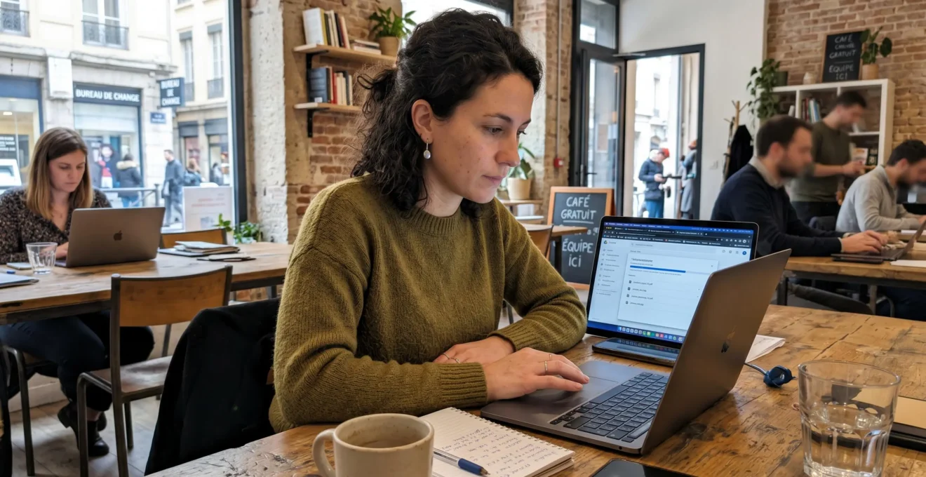 Entrepreneur téléversant des documents sur ordinateur portable avec interface générique en français