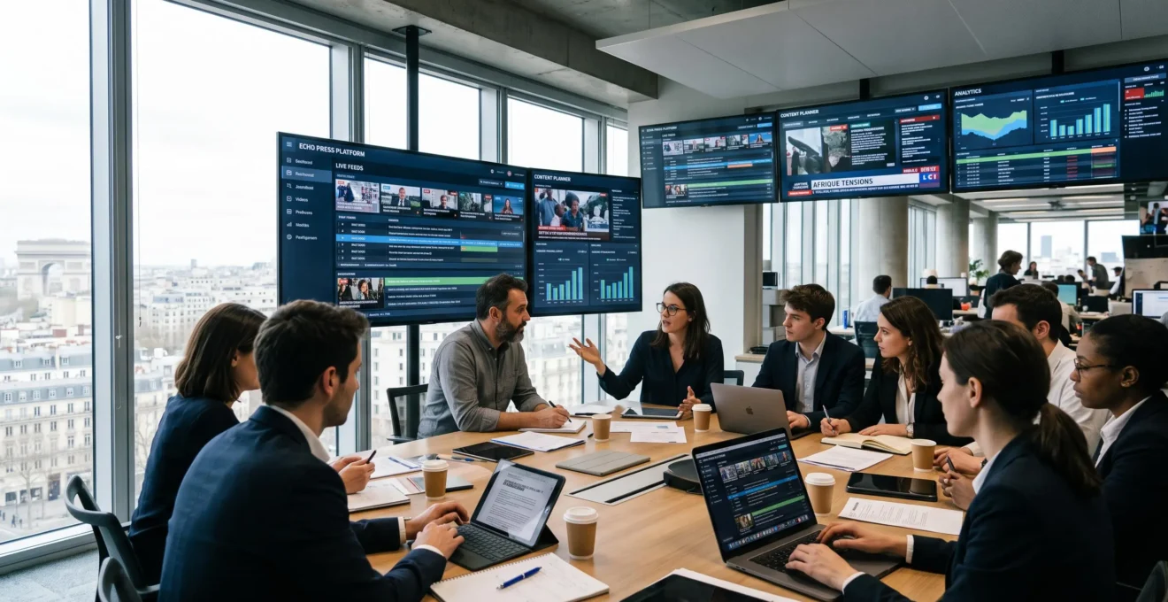 Une équipe de journalistes et de rédacteurs en chef autour d'une table avec plusieurs écrans affichant un nouveau logiciel de gestion éditoriale