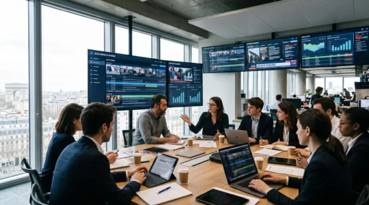 Une équipe de journalistes et de rédacteurs en chef autour d'une table avec plusieurs écrans affichant un nouveau logiciel de gestion éditoriale