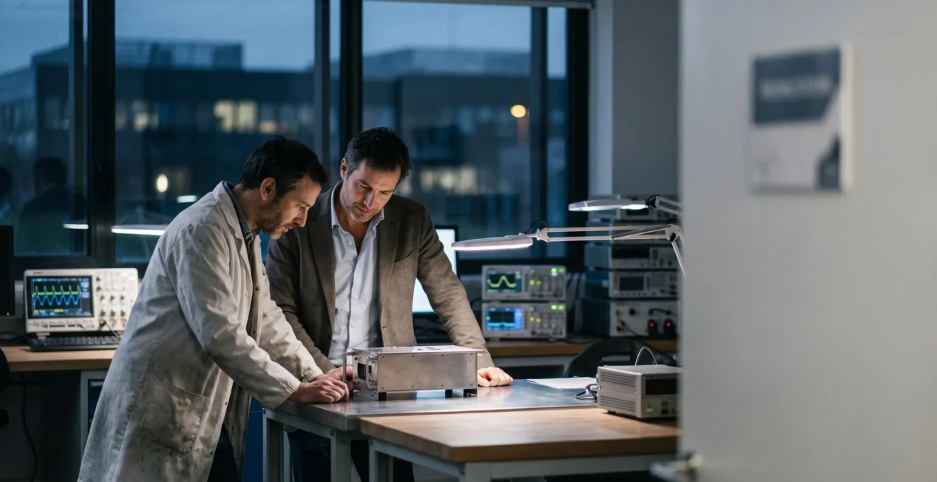 Chercheur et entrepreneur examinant un prototype technologique dans un laboratoire français, symbolisant le financement public de l'innovation de rupture