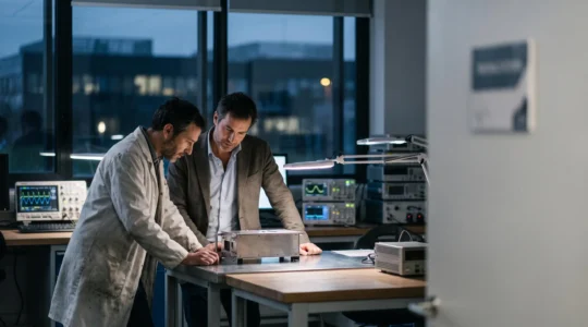Chercheur et entrepreneur examinant un prototype technologique dans un laboratoire français, symbolisant le financement public de l'innovation de rupture
