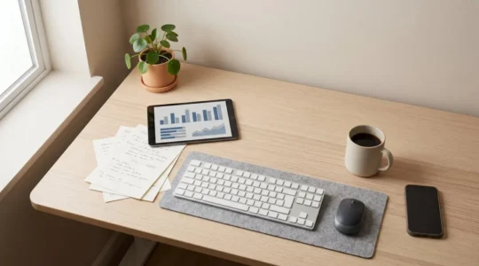 Vue d'ensemble d'un environnement de travail professionnel avec gestion de stocks et marketplaces