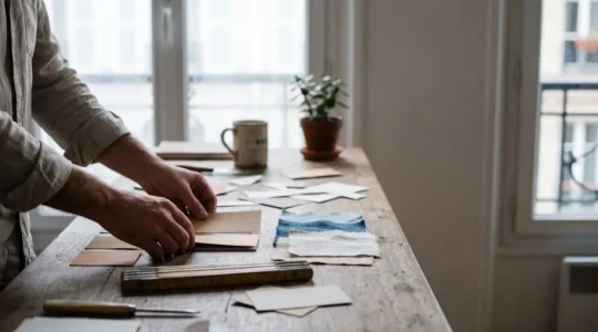 Entrepreneur français composant son identité de marque à partir d'objets et de matières, sans budget de création