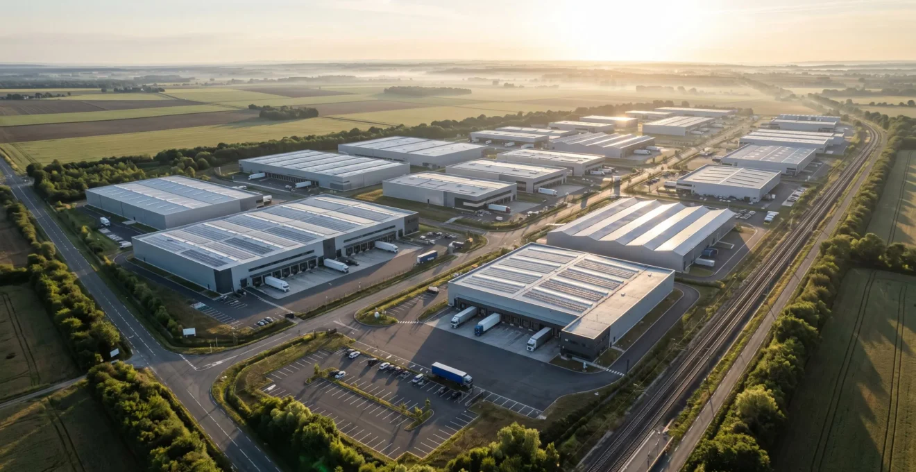Vue aérienne d'une zone industrielle française moderne avec infrastructures logistiques