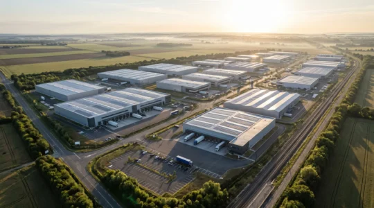 Vue aérienne d'une zone industrielle française moderne avec infrastructures logistiques