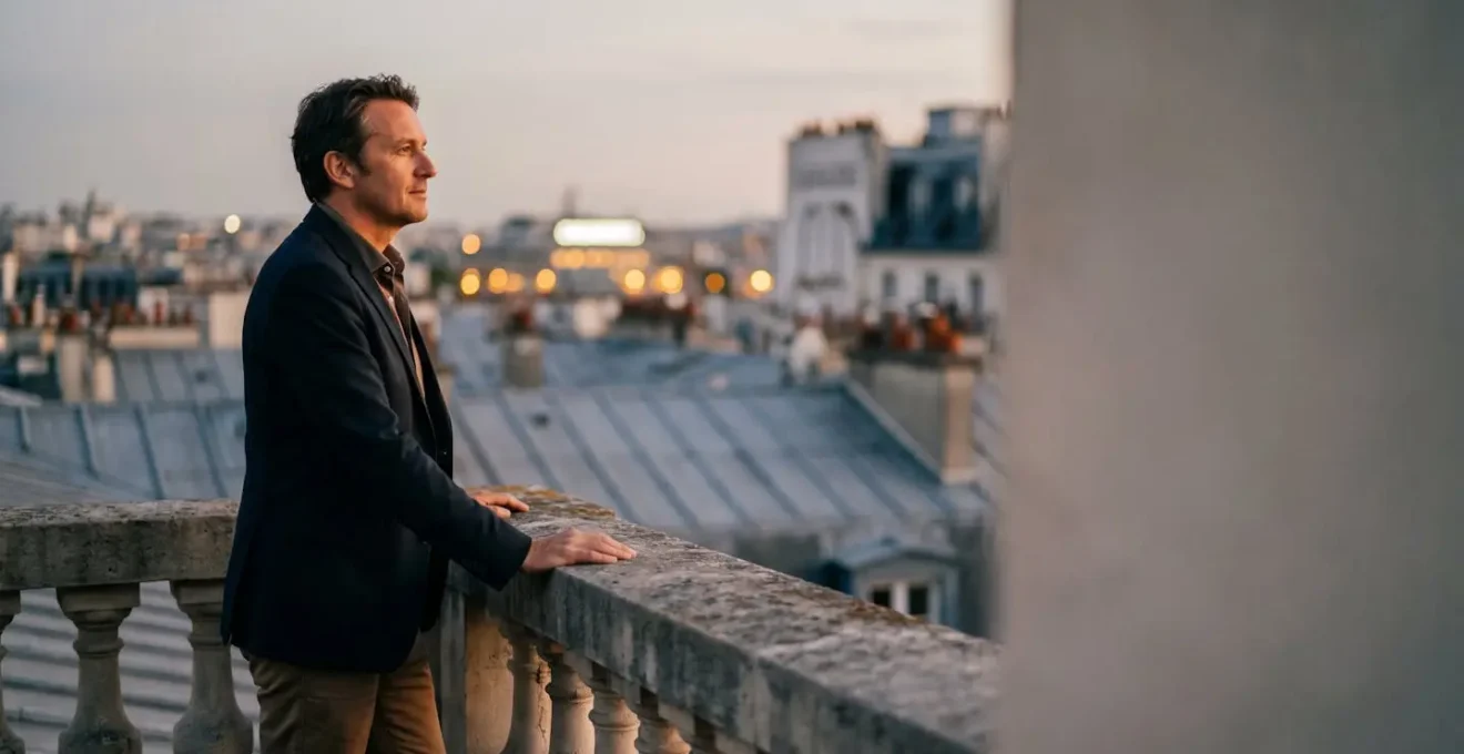 Entrepreneur français debout sur un toit-terrasse parisien, symbolisant la construction d'un réseau professionnel qualifié et d'opportunités business.