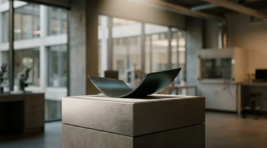 Echantillon de materiau composite innovant mis en valeur dans un cadre evoquant l'innovation industrielle francaise et sa protection juridique