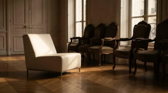 Un siege contemporain illumine se distinguant parmi une rangee de fauteuils anciens dans un salon d'architecture francaise, symbolisant l'emergence d'un nouvel expert face a des acteurs installes depuis une decennie